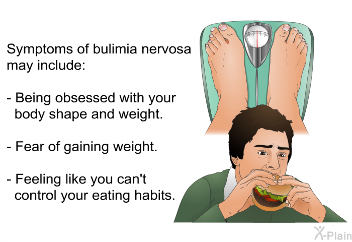 Symptoms of bulimia nervosa may include:  Being obsessed with your body shape and weight. Fear of gaining weight. Feeling like you can't control your eating habits.