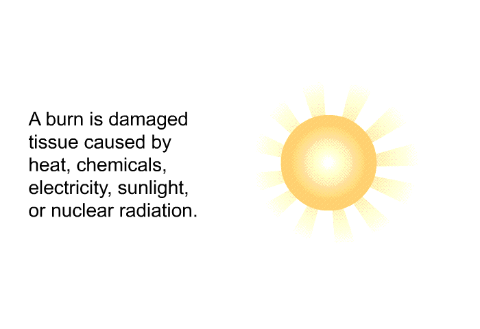 A burn is damaged tissue caused by heat, chemicals, electricity, sunlight or nuclear radiation.