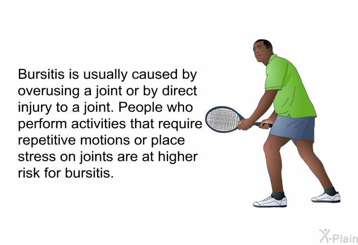 Bursitis is usually caused by overusing a joint or by direct injury to a joint. People who perform activities that require repetitive motions or place stress on joints are at higher risk for bursitis.