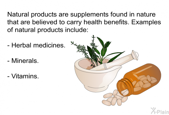 Natural products are supplements found in nature that are believed to carry health benefits. Examples of natural products include:  Herbal medicines. Minerals. Vitamins.
