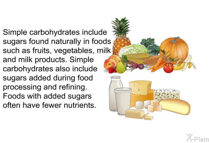 Simple carbohydrates include sugars found naturally in foods such as fruits, vegetables, milk and milk products. Simple carbohydrates also include sugars added during food processing and refining. Foods with added sugars often have fewer nutrients.