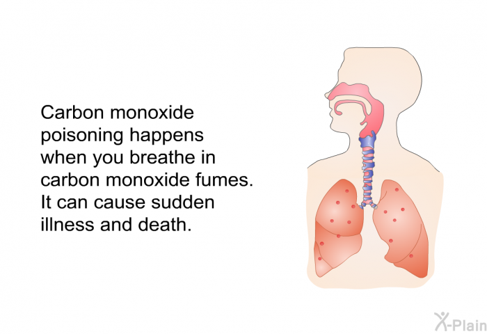 Carbon monoxide poisoning happens when you breathe in carbon monoxide fumes. It can cause sudden illness and death.