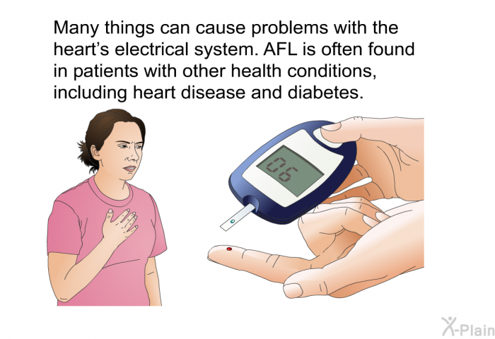 Many things can cause problems with the heart's electrical system. AFL is often found in patients with other health conditions, including heart disease and diabetes.