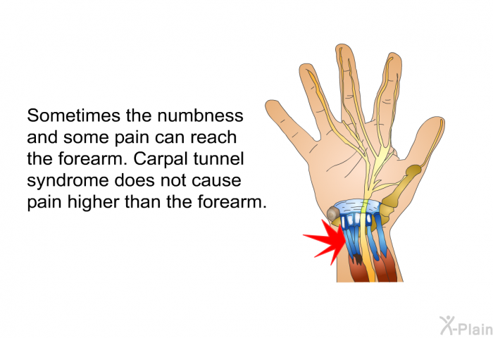 Sometimes the numbness and some pain can reach the forearm. Carpal tunnel syndrome does not cause pain higher than the forearm.