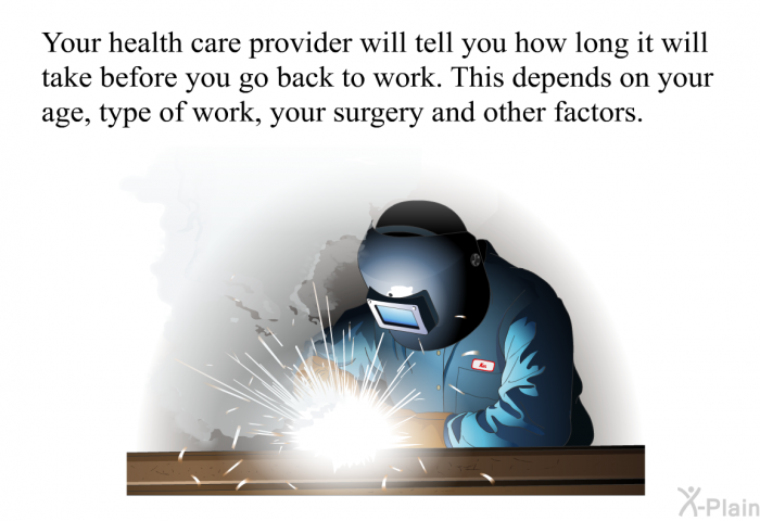 Your health care provider will tell you how long it will take before you go back to work. This depends on your age, type of work, your surgery and other factors.