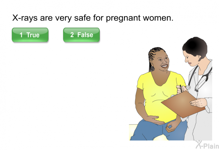 X-rays are very safe for pregnant women. Press True or False