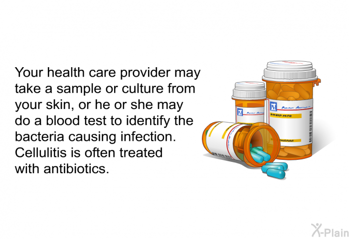 Your health care provider may take a sample or culture from your skin, or he or she may do a blood test to identify the bacteria causing infection. Cellulitis is often treated with antibiotics.