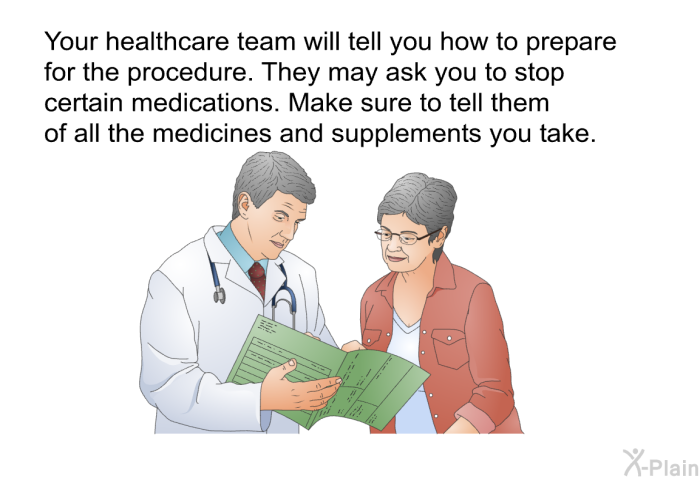 Your healthcare team will tell you how to prepare for the procedure. They may ask you to stop certain medications. Make sure to tell them of all the medicines and supplements you take.