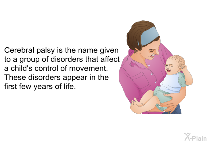 Cerebral palsy is the name given to a group of disorders that affect a child's control of movement. These disorders appear in the first few years of life.