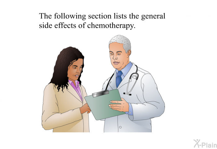 The following section lists the general side effects of chemotherapy.