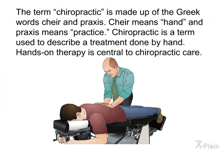The term “chiropractic” is made up of the Greek words cheir and praxis. Cheir means “hand” and praxis means “practice.” Chiropractic is a term used to describe a treatment done by hand. Hands-on therapy is central to chiropractic care.