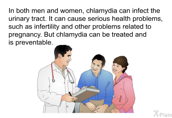 In both men and women, chlamydia can infect the urinary tract. It can cause serious health problems, such as infertility and other problems related to pregnancy. But chlamydia can be treated and is preventable.
