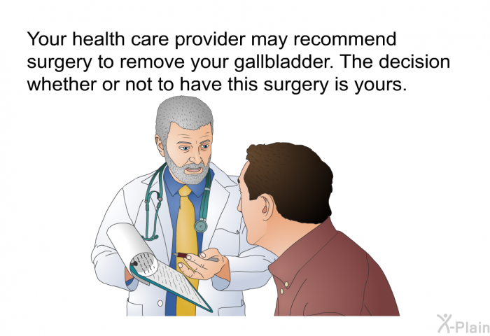 Your health care provider may recommend surgery to remove your gallbladder. The decision whether or not to have this surgery is yours.