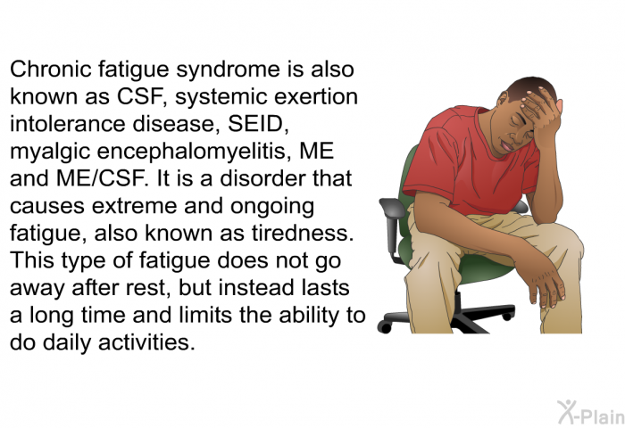 Chronic fatigue syndrome is also known as CSF, systemic exertion intolerance disease, SEID, myalgic encephalomyelitis, ME and ME/CSF. It is a disorder that causes extreme and ongoing fatigue, also known as tiredness. This type of fatigue does not go away after rest, but instead lasts a long time and limits the ability to do daily activities.