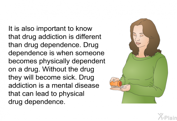 It is also important to know that drug addiction is different than drug dependence. Drug dependence is when someone becomes physically dependent on a drug. Without the drug they will become sick. Drug addiction is a mental disease that can lead to physical drug dependence.