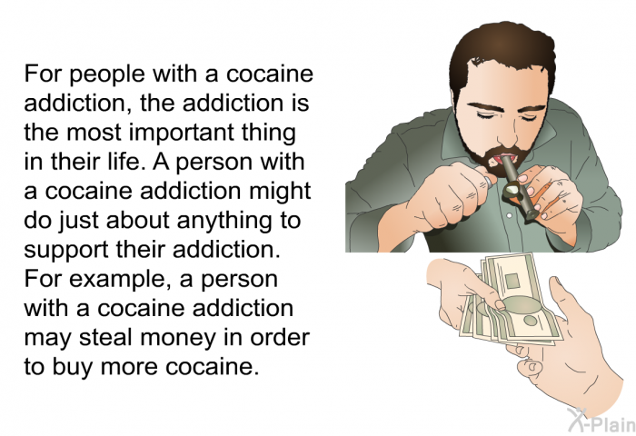 For people with a cocaine addiction, the addiction is the most important thing in their life. A person with a cocaine addiction might do just about anything to support their addiction. For example, a person with a cocaine addiction may steal money in order to buy more cocaine.