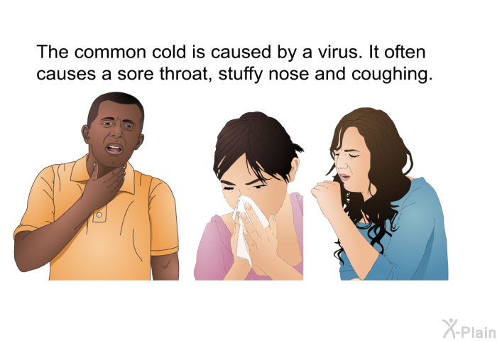 The common cold is caused by a virus. It often causes a sore throat, stuffy nose and coughing.