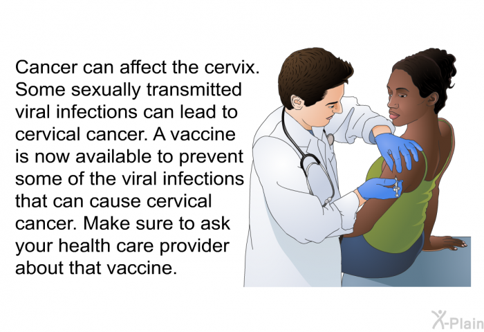 Cancer can affect the cervix. Some sexually transmitted viral infections can lead to cervical cancer. A vaccine is now available to prevent some of the viral infections that can cause cervical cancer. Make sure to ask your health care provider about that vaccine.