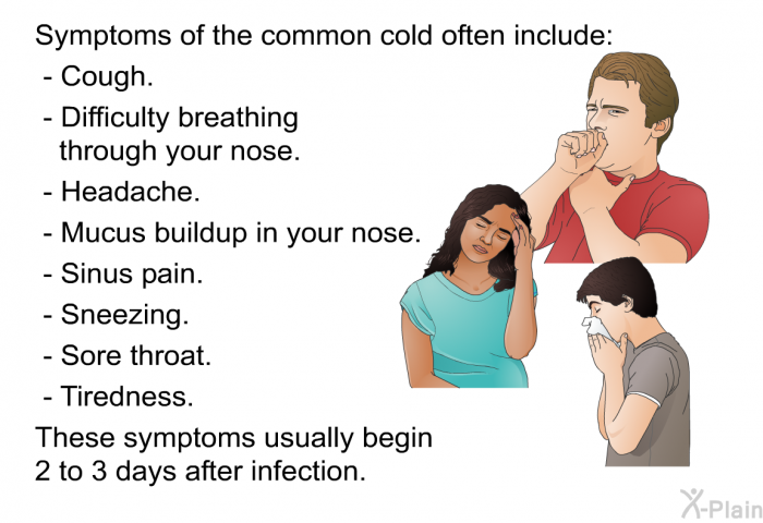 Symptoms of the common cold often include:  Cough Difficulty breathing through your nose Headache Mucus buildup in your nose Sinus pain Sneezing Sore throat Tiredness  
 These symptoms usually begin 2 to 3 days after infection.