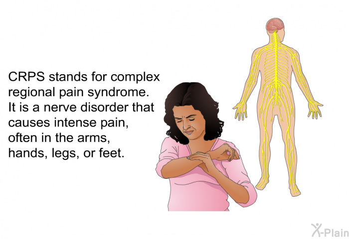 CRPS stands for complex regional pain syndrome. It is a nerve disorder that causes intense pain, often in the arms, hands, legs, or feet.