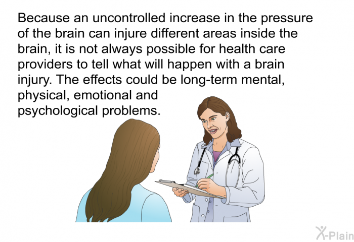 Because an uncontrolled increase in the pressure of the brain can injure different areas inside the brain, it is not always possible for health care providers to tell what will happen with a brain injury. The effects could be long-term mental, physical, emotional and psychological problems.