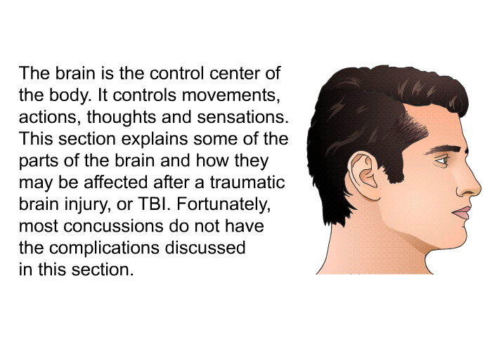 The brain is the control center of the body. It controls movements, actions, thoughts and sensations. This section explains some of the parts of the brain and how they may be affected after a traumatic brain injury, or TBI. Fortunately, most concussions do not have the complications discussed in this section.