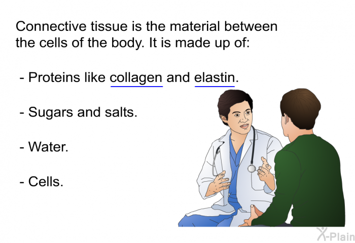 Connective tissue is the material between the cells of the body. It is made up of:  Proteins like collagen and elastin. Sugars and salts. Water. Cells.