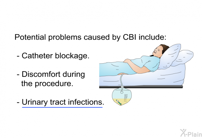 Potential problems caused by CBI include:  Catheter blockage. Discomfort during the procedure. Urinary tract infections.