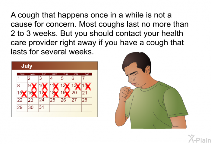 A cough that happens once in a while is not a cause for concern. Most coughs last no more than 2 to 3 weeks. But you should contact your health care provider right away if you have a cough that lasts for several weeks.