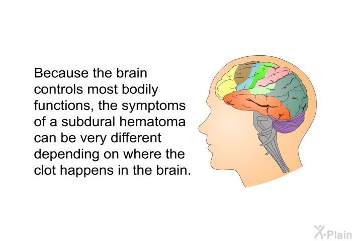 Because the brain controls most bodily functions, the symptoms of a subdural hematoma can be very different depending on where the clot happens in the brain.