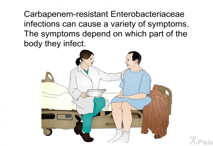 Carbapenem-resistant Enterobacteriaceae infections can cause a variety of symptoms. The symptoms depend on which part of the body they infect.