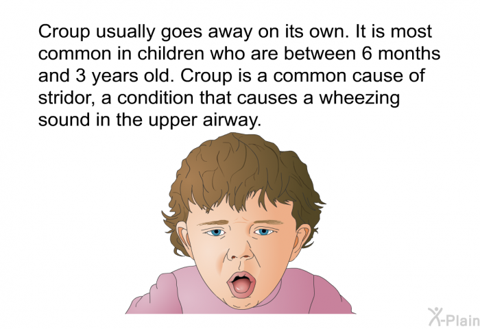 Croup usually goes away on its own. It is most common in children who are between 6 months and 3 years old. Croup is a common cause of stridor, a condition that causes a wheezing sound in the upper airway.