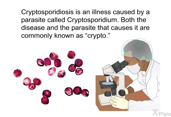 Cryptosporidiosis is an illness caused by a parasite called Cryptosporidium. Both the disease and the parasite that causes it are commonly known as “crypto.”