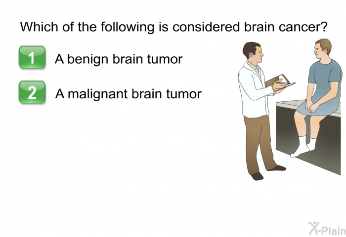 Which of the following is considered brain cancer?  A benign brain tumor A malignant brain tumor