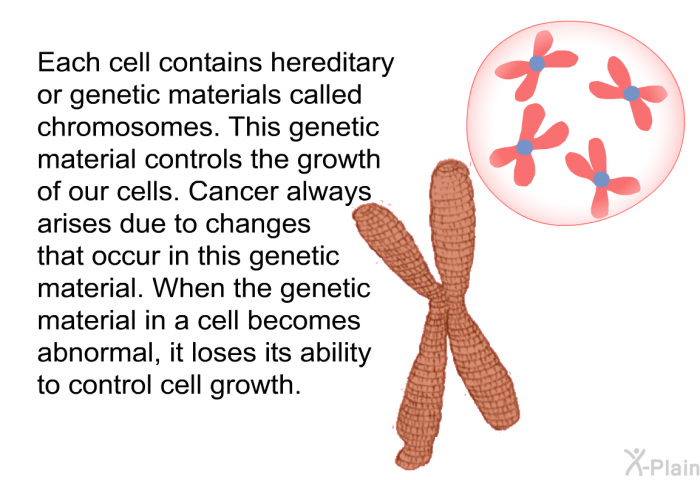 Each cell contains hereditary or genetic materials called chromosomes. This genetic material controls the growth of our cells. Cancer always arises due to changes that occur in this genetic material. When the genetic material in a cell becomes abnormal, it loses its ability to control cell growth.