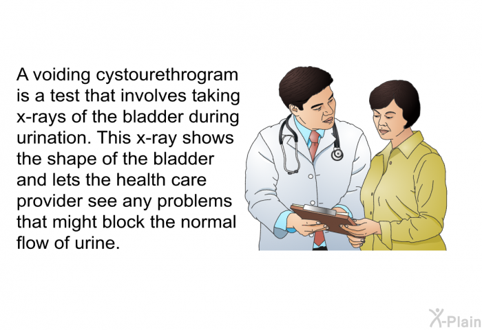 A voiding cystourethrogram is a test that involves taking x-rays of the bladder during urination. This x-ray shows the shape of the bladder and lets the health care provider see any problems that might block the normal flow of urine.