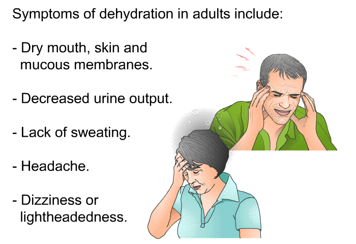 Symptoms of dehydration in adults include:  Dry mouth, skin and mucous membranes. Decreased urine output. Lack of sweating.   Headache. Dizziness or lightheadedness.
