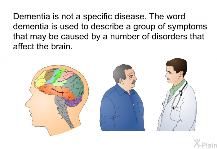 Dementia is not a specific disease. The word dementia is used to describe a group of symptoms that may be caused by a number of disorders that affect the brain.