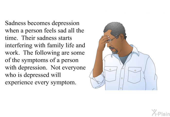 Sadness becomes depression when a person feels sad all the time. Their sadness starts interfering with family life and work. The following are some of the symptoms of a person with depression. Not everyone who is depressed will experience every symptom.