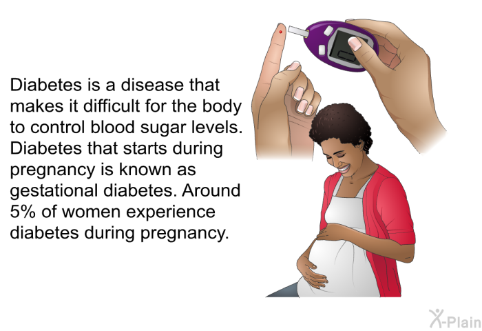 Diabetes is a disease that makes it difficult for the body to control blood sugar levels. Diabetes that starts during pregnancy is known as gestational diabetes. Around 5% of women experience diabetes during pregnancy.