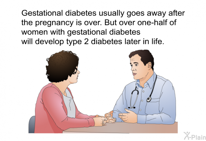 Gestational diabetes usually goes away after the pregnancy is over. But over one-half of women with gestational diabetes will develop type 2 diabetes later in life.
