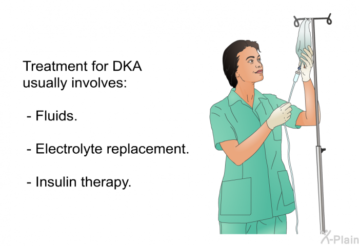 Treatment for DKA usually involves:  Fluids. Electrolyte replacement. Insulin therapy.