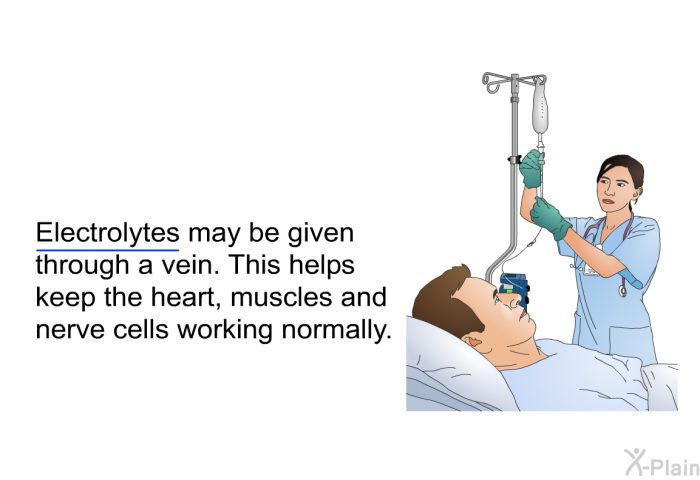 Electrolytes may be given through a vein. This helps keep the heart, muscles and nerve cells working normally.