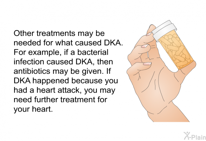 Other treatments may be needed for what caused DKA. For example, if a bacterial infection caused DKA, then antibiotics may be given. If DKA happened because you had a heart attack, you may need further treatment for your heart.