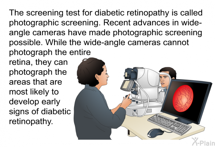 The screening test for diabetic retinopathy is called photographic screening. Recent advances in wide-angle cameras have made photographic screening possible. While the wide-angle cameras cannot photograph the entire retina, they can photograph the areas that are most likely to develop early signs of diabetic retinopathy.