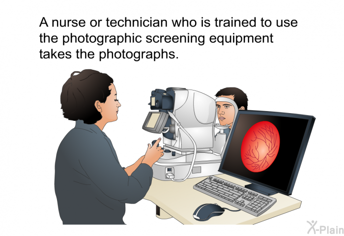 A nurse or technician who is trained to use the photographic screening equipment takes the photographs.