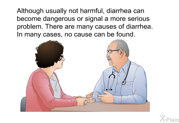Although usually not harmful, diarrhea can become dangerous or signal a more serious problem. There are many causes of diarrhea. In many cases, no cause can be found.