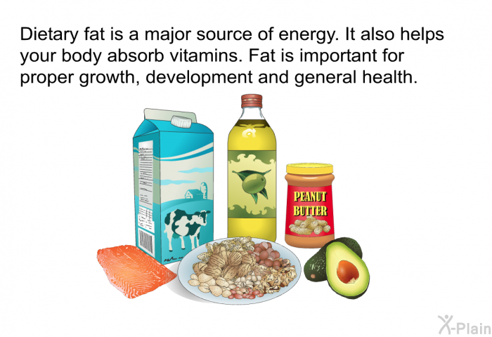 Dietary fat is a major source of energy. It also helps your body absorb vitamins. Fat is important for proper growth, development and general health.