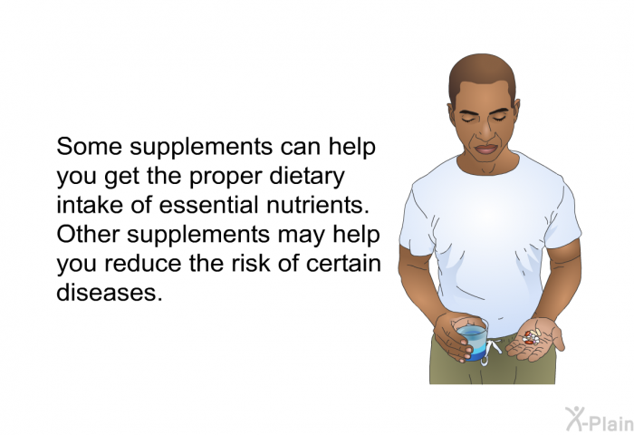 Some supplements can help you get the proper dietary intake of essential nutrients. Other supplements may help you reduce the risk of certain diseases.