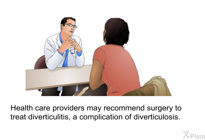 Health care providers may recommend surgery to treat diverticulitis, a complication of diverticulosis.